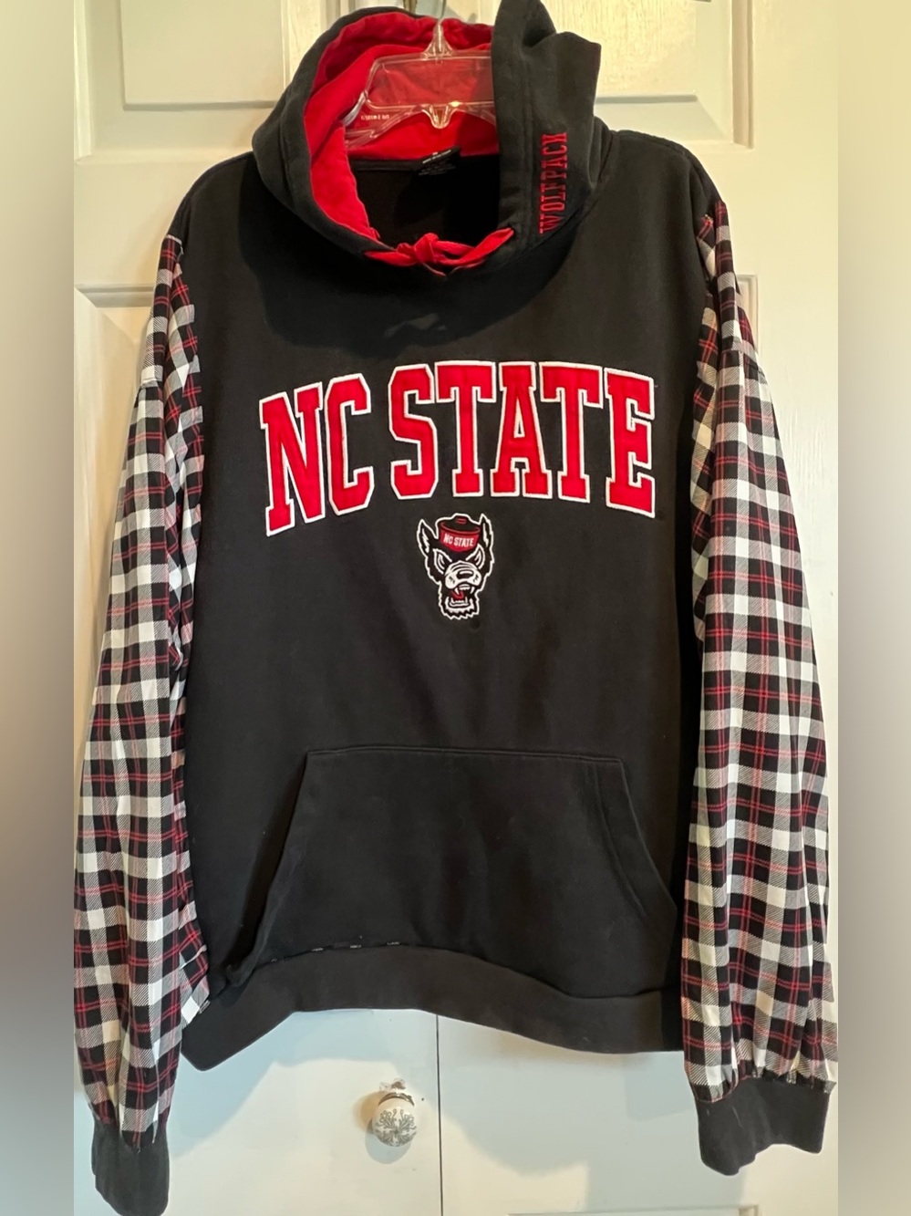 ❤️UPCYCLED❤️NC State Black & Red Hoodie with Addition of Plaid Sleeves
